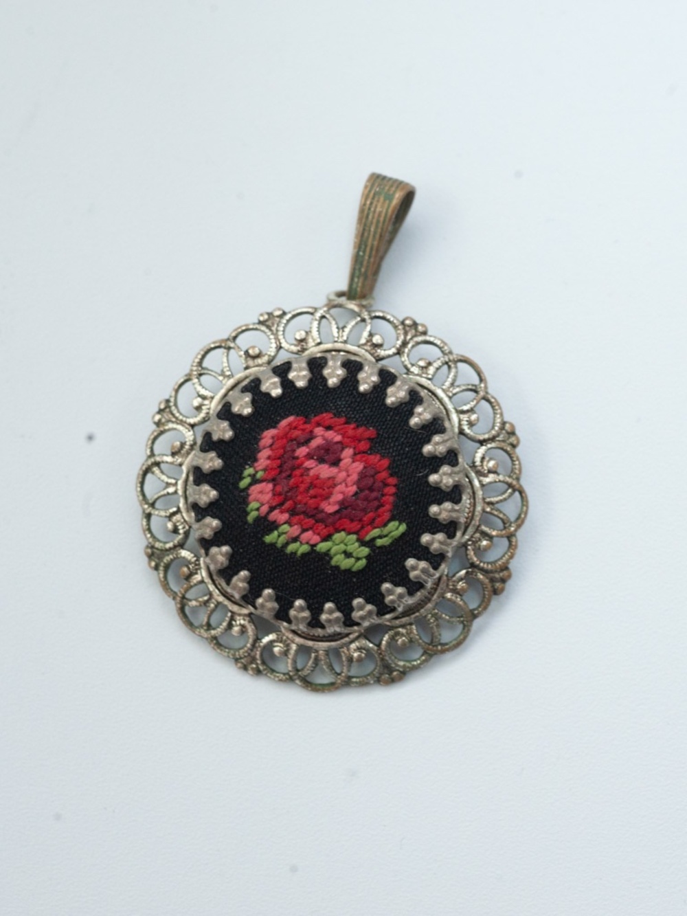 Vintage Needlepoint Rose Charm Pendant Silver-Tone Ornate Setting